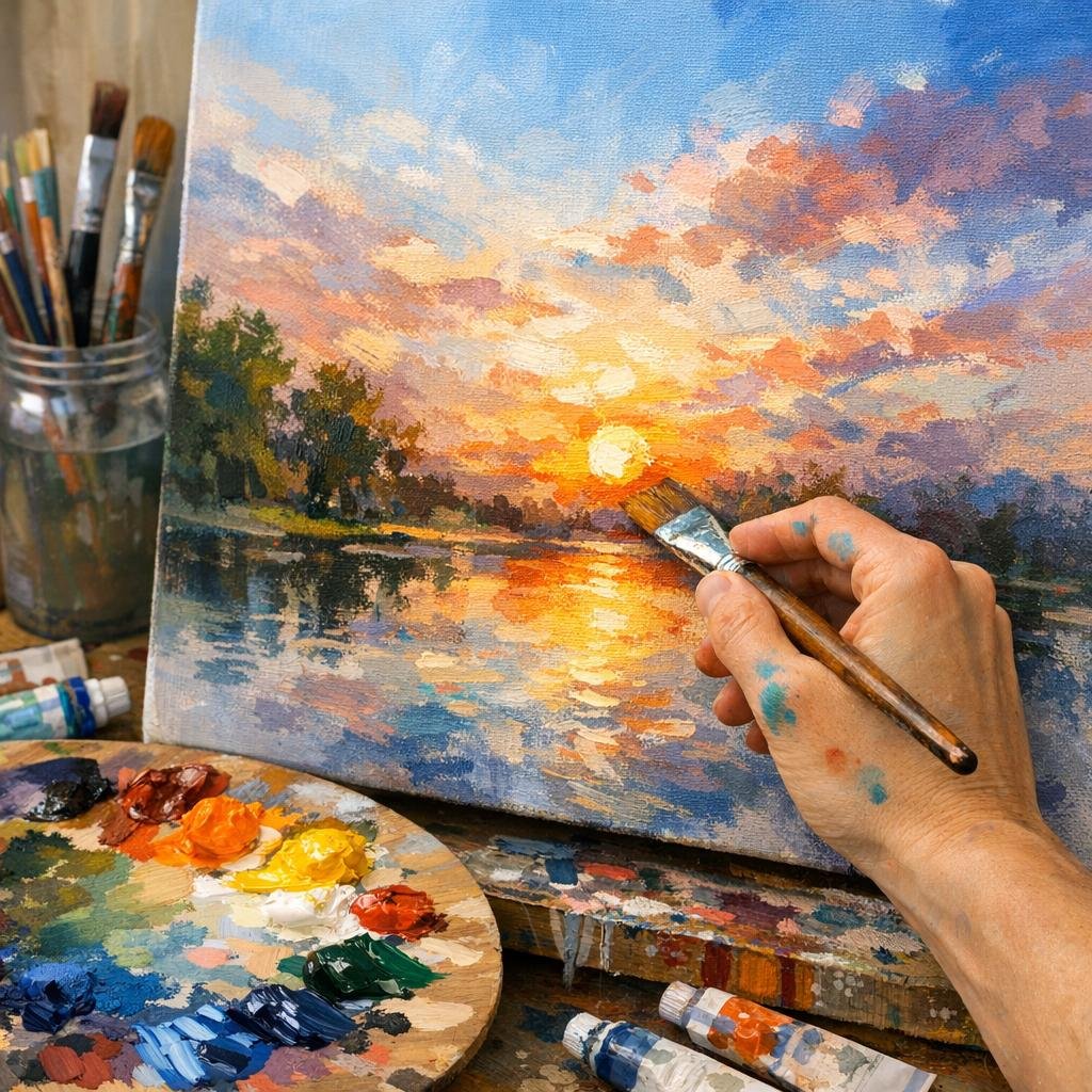 ein Bild mit einer Hand, die mit Pinsel und Farben